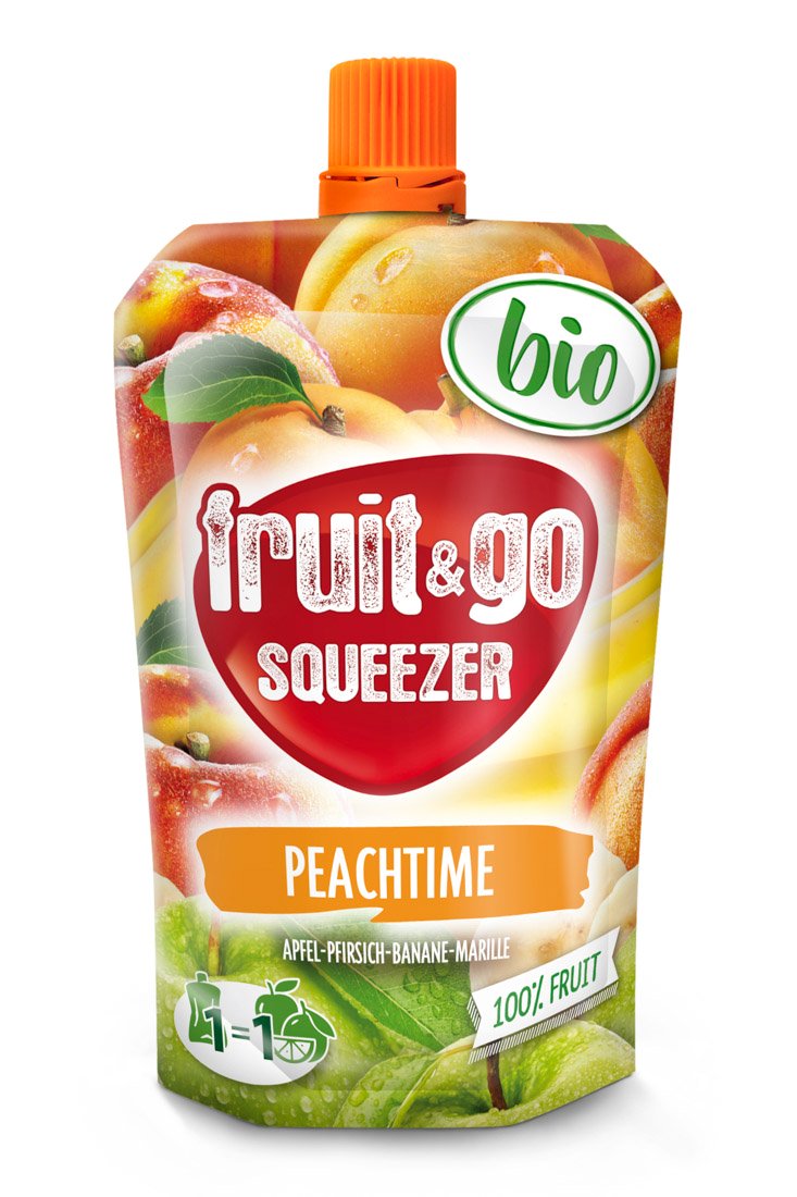 Bio fruit&​go squeezer jablko, broskev, banán, meruňka